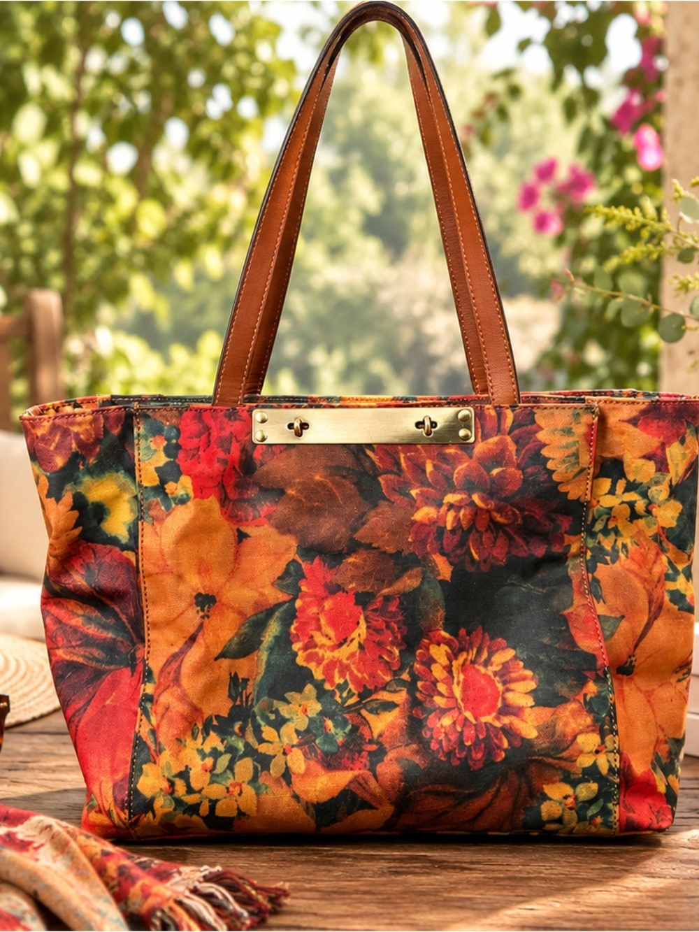 Patricia Nash Classic Floral Canvas Tote Bag with Tan Leather Straps
